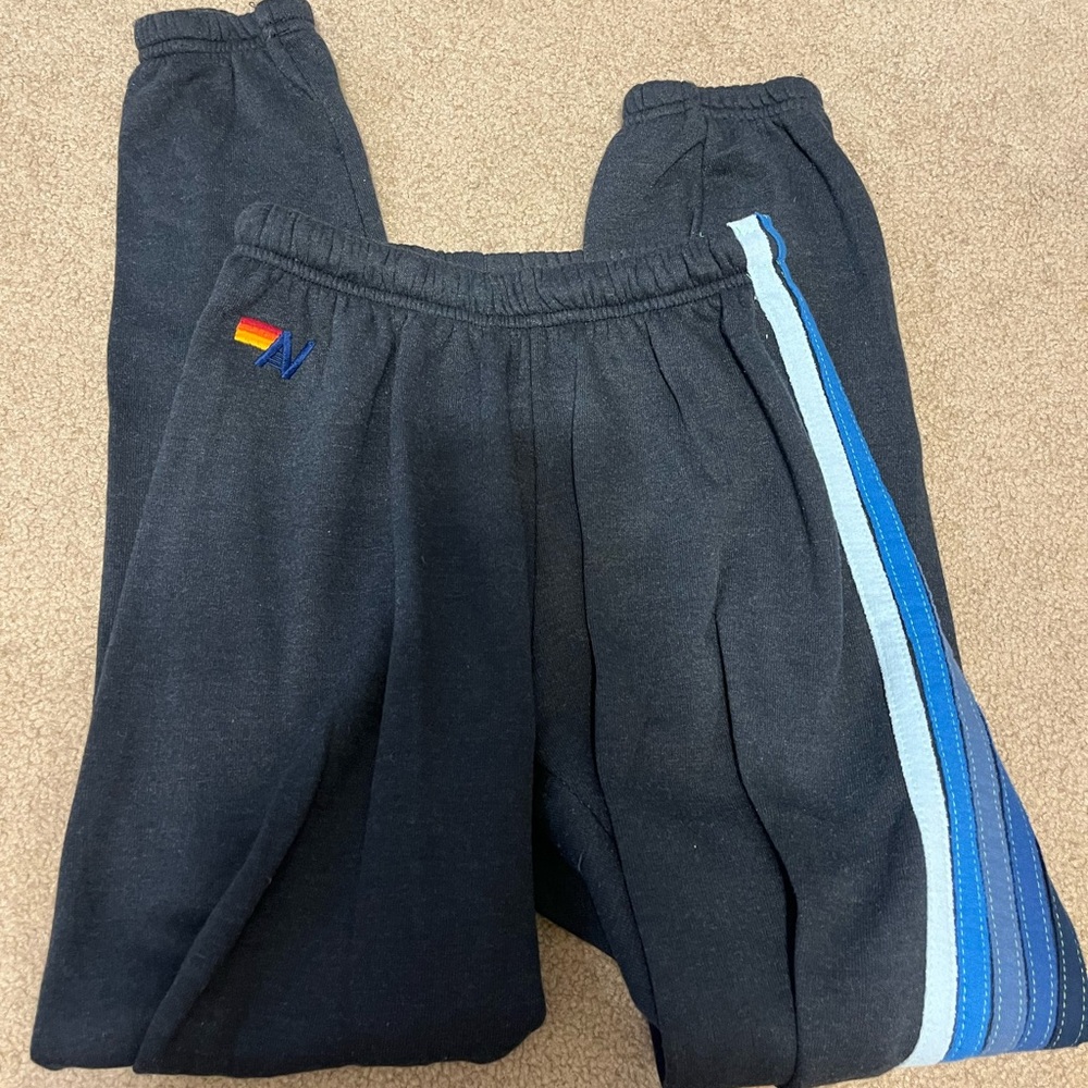 Aviator Nation dark grey sweatpants with blue stripes size small